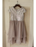 Cap Sleeves Silver Sequin Gray Chiffon Boho Flower Girl Dress